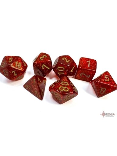 Chessex Glitter Polyhedral 7-Die Set - Ruby w/gold