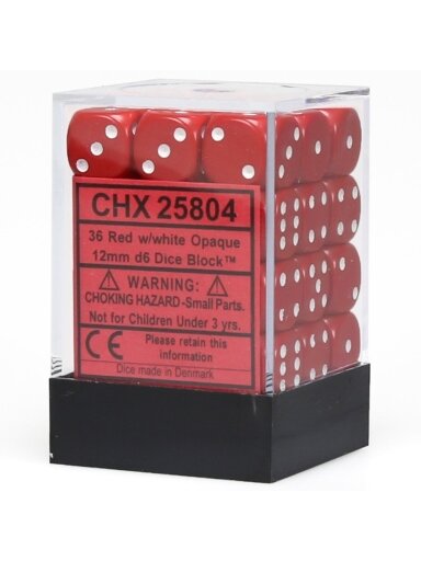 Chessex Opaque 12mm d6 with pips Dice Blocks (36 Dice) - Red w/white (Kauliukai)