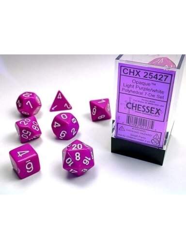 Chessex Opaque Polyhedral 7-Die Sets - Light Purple w/white (Kauliukai)