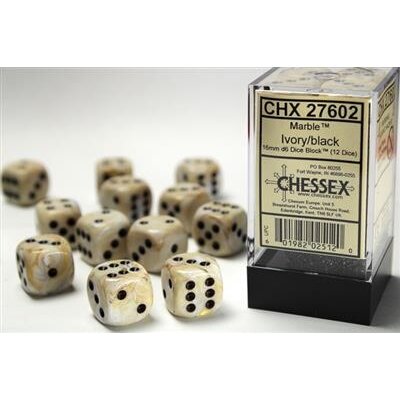 Chessex Gemini 16mm d6 with pips Dice Blocks (12 Dice) - Marble Ivory w/black Chessex Gemini 16mm d6 with pips Dice Blocks (12 Dice) - Marble Ivory w/black