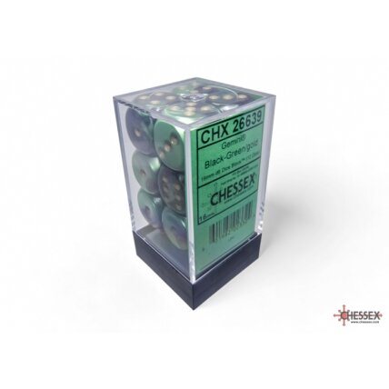 Chessex Gemini 16mm d6 with pips pips Dice Blocks (12 Dice) - Black-Green w/gold Chessex Gemini 16mm d6 with pips pips Dice Blocks (12 Dice) - Black-Green w/gold