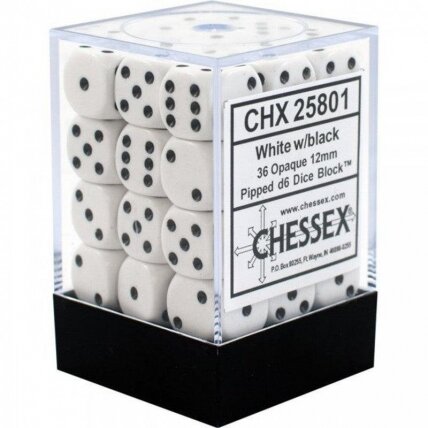 Chessex Opaque 12mm d6 with pips Dice Blocks (36 Dice) - White w/black (Dices) Chessex Opaque 12mm d6 with pips Dice Blocks (36 Dice) - White w/black (Dices)