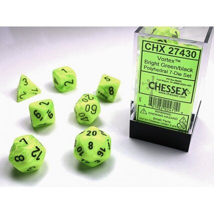 Chessex Vortex Bright Green w/black 7 dice set (Dice) Chessex Vortex Bright Green w/black 7 dice set (Dice)