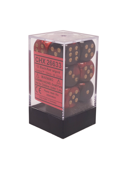 Chessex Gemini 16mm d6 with pips Dice Blocks (12 Dice) - Black-Red w/gold Chessex Gemini 16mm d6 with pips Dice Blocks (12 Dice) - Black-Red w/gold