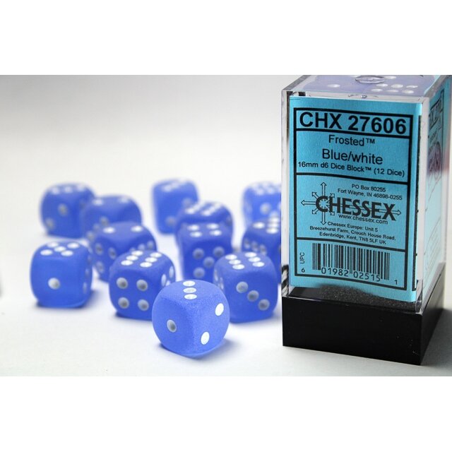 Chessex Gemini 16mm d6 with pips Dice Blocks (12 Dice) - Frosted Blue w/white Chessex Gemini 16mm d6 with pips Dice Blocks (12 Dice) - Frosted Blue w/white