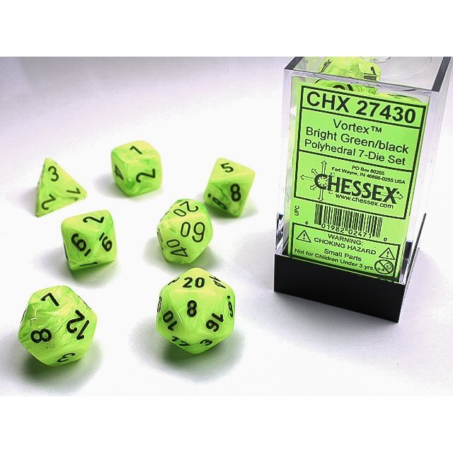 Chessex Vortex Bright Green w/black 7 dice set (Dice) Chessex Vortex Bright Green w/black 7 dice set (Dice)