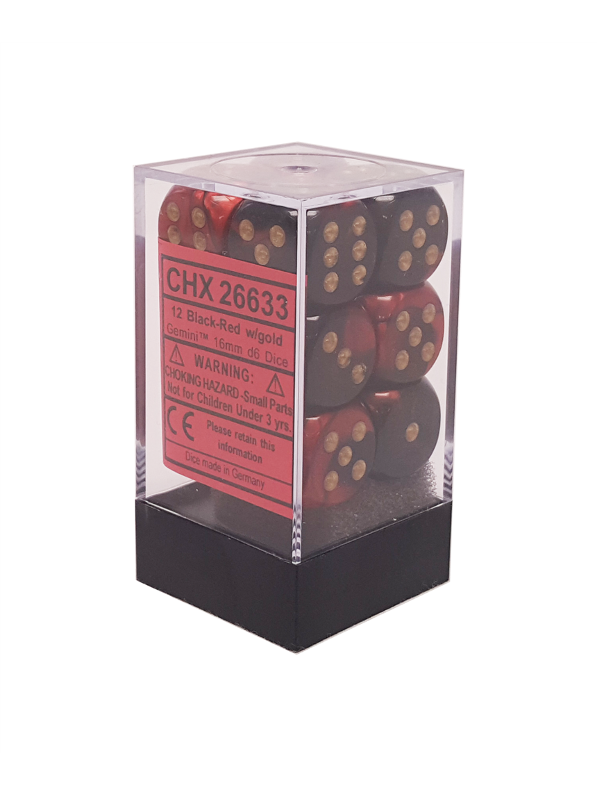 Chessex Gemini 16mm d6 with pips Dice Blocks (12 Dice) - Black-Red w/gold Chessex Gemini 16mm d6 with pips Dice Blocks (12 Dice) - Black-Red w/gold