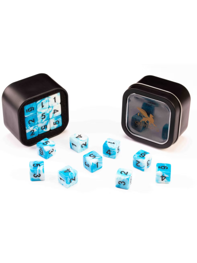 D6 Series 16mm Marble Blue & White (18) - kauliukų rinkinys