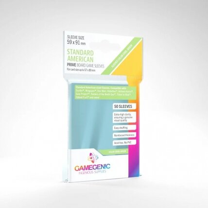 Gamegenic - PRIME Standard American-Sized Sleeves 59 x 91mm - Clear (50 Sleeves) Gamegenic - PRIME Standard American-Sized Sleeves 59 x 91mm - Clear (50 Sleeves)